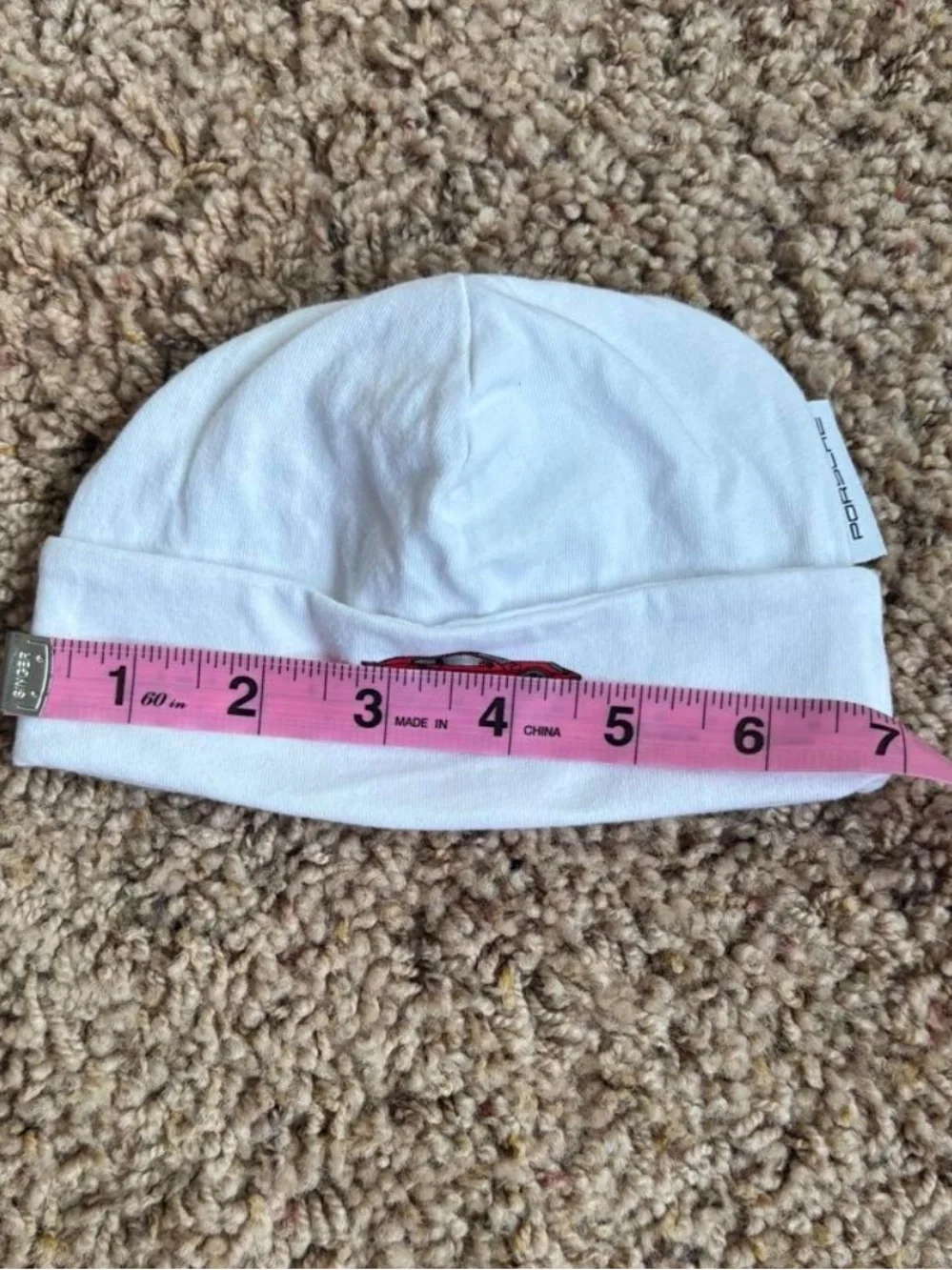 Baby White Beanie with Porsche Red Sports Car